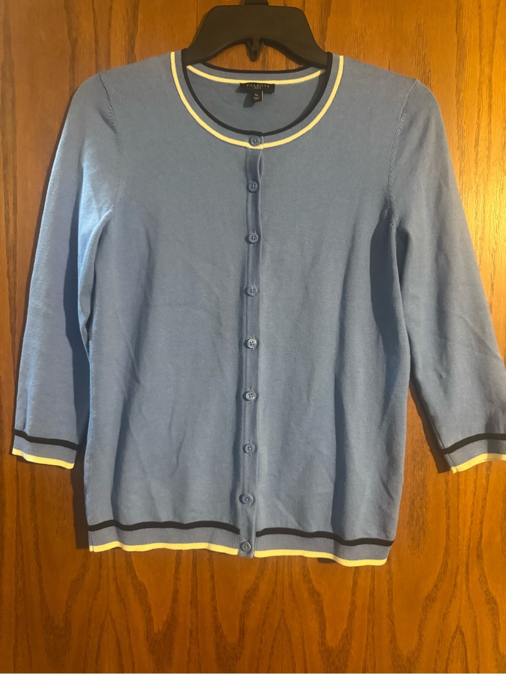 Talbots Light Blue Button-Front Cardigan with Navy & Cream Trim